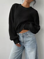 Women's Waffle Knit Jumper with Crew Neck and Balloon Sleeves