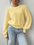 Women's Waffle Knit Jumper with Crew Neck and Balloon Sleeves