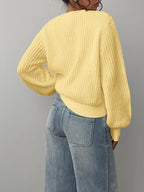Women's Waffle Knit Jumper with Crew Neck and Balloon Sleeves