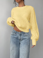 Women's Waffle Knit Jumper with Crew Neck and Balloon Sleeves