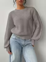 Women's Waffle Knit Jumper with Crew Neck and Balloon Sleeves