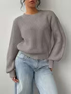 Women's Waffle Knit Jumper with Crew Neck and Balloon Sleeves