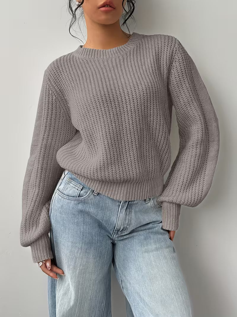 Women's Waffle Knit Jumper with Crew Neck and Balloon Sleeves