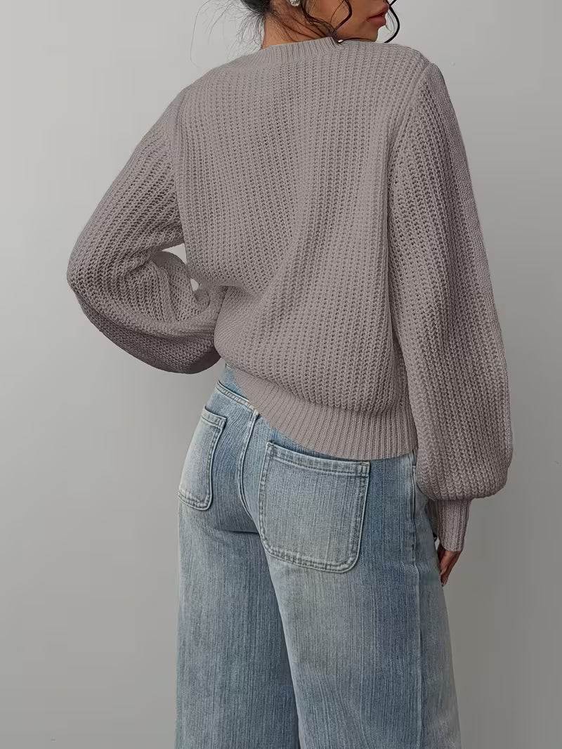Women's Waffle Knit Jumper with Crew Neck and Balloon Sleeves