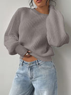 Women's Waffle Knit Jumper with Crew Neck and Balloon Sleeves