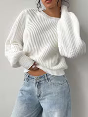 Women's Waffle Knit Jumper with Crew Neck and Balloon Sleeves