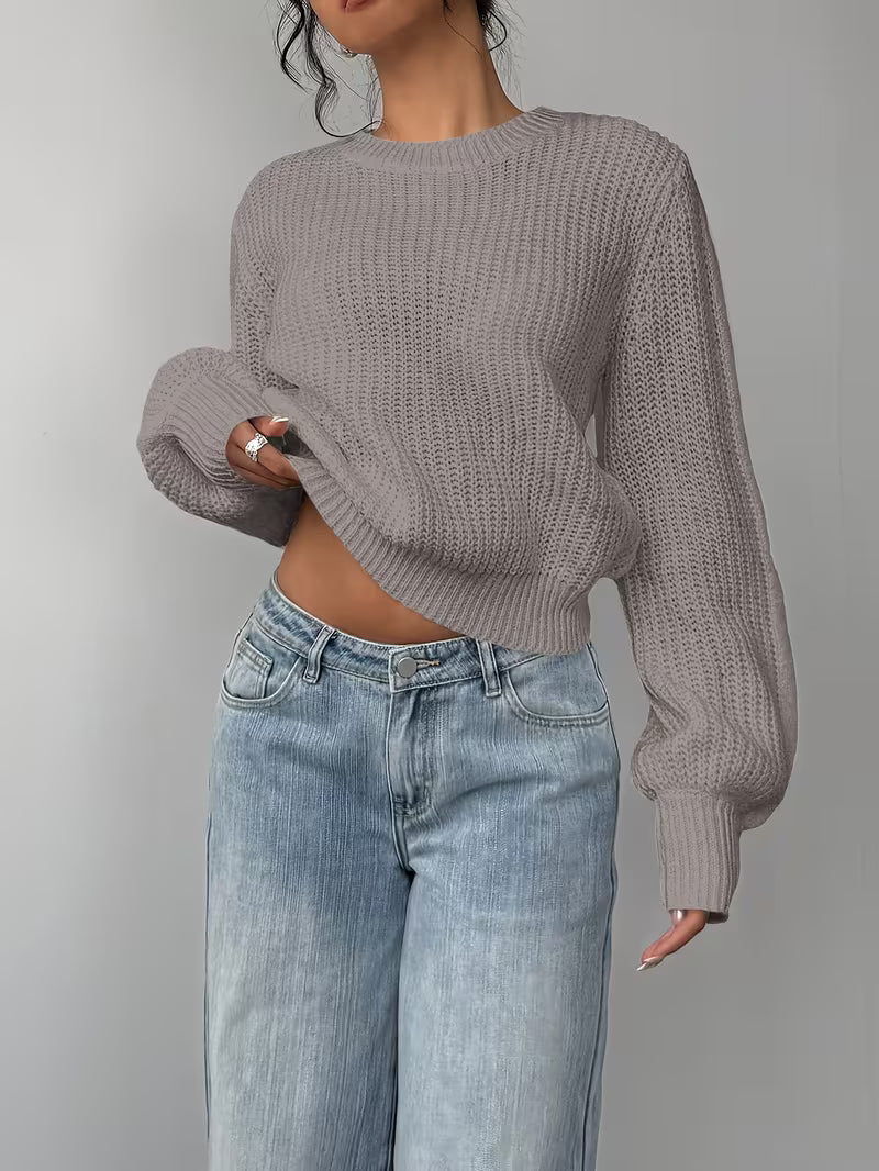 Women's Waffle Knit Jumper with Crew Neck and Balloon Sleeves
