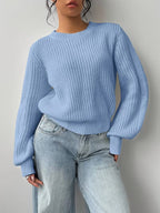 Women's Waffle Knit Jumper with Crew Neck and Balloon Sleeves