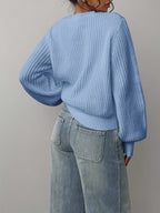 Women's Waffle Knit Jumper with Crew Neck and Balloon Sleeves