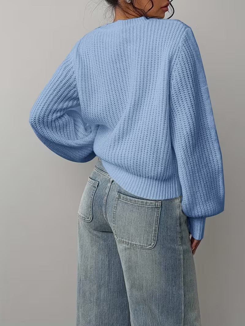 Women's Waffle Knit Jumper with Crew Neck and Balloon Sleeves