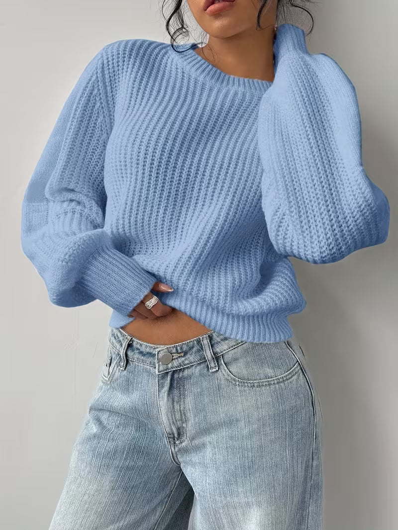 Women's Waffle Knit Jumper with Crew Neck and Balloon Sleeves