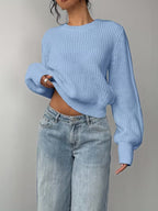 Women's Waffle Knit Jumper with Crew Neck and Balloon Sleeves