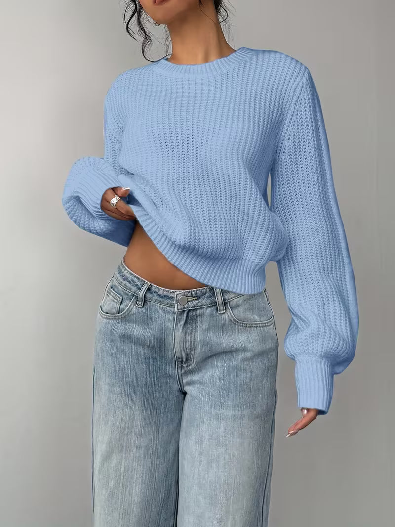 Women's Waffle Knit Jumper with Crew Neck and Balloon Sleeves