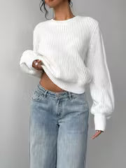 Women's Waffle Knit Jumper with Crew Neck and Balloon Sleeves