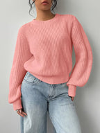 Women's Waffle Knit Jumper with Crew Neck and Balloon Sleeves