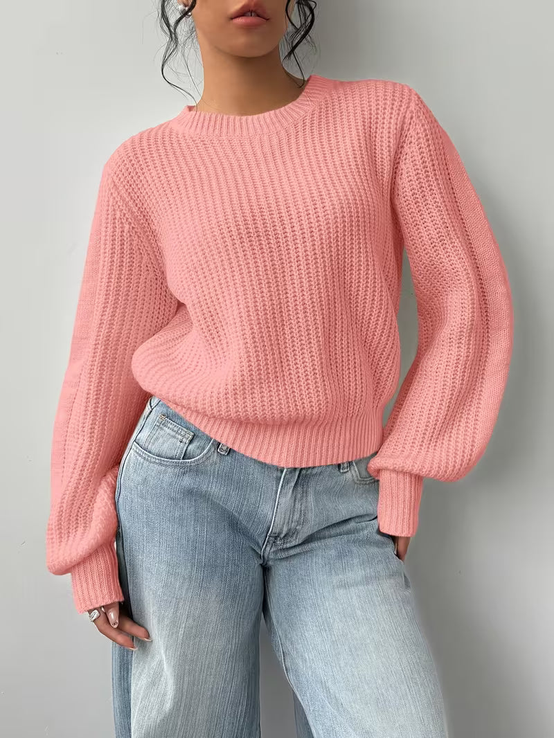 Women's Waffle Knit Jumper with Crew Neck and Balloon Sleeves