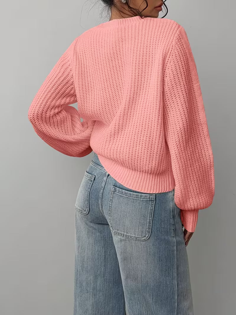 Women's Waffle Knit Jumper with Crew Neck and Balloon Sleeves