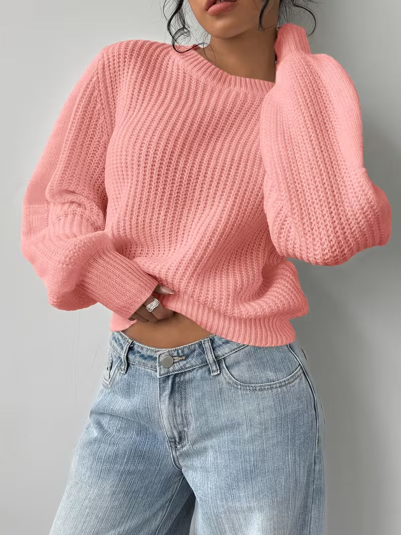 Women's Waffle Knit Jumper with Crew Neck and Balloon Sleeves