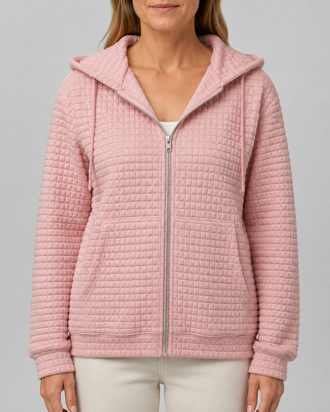 Women's Waffle Knit Zip Up Hoodie with Pockets