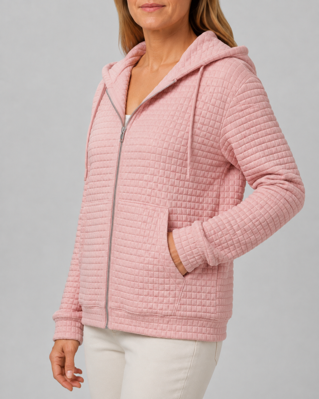 Women's Waffle Knit Zip Up Hoodie with Pockets