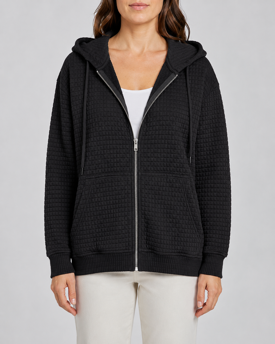 Women's Waffle Knit Zip Up Hoodie with Pockets