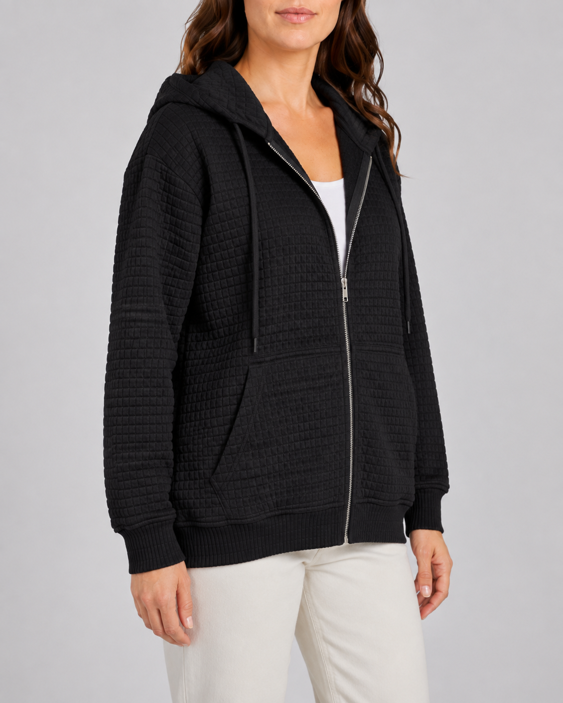 Women's Waffle Knit Zip Up Hoodie with Pockets