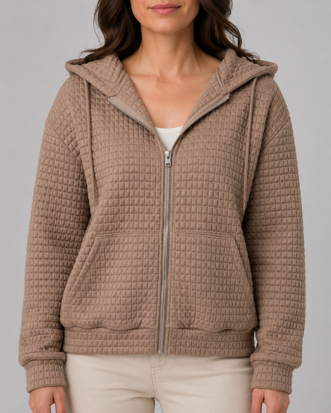 Women's Waffle Knit Zip Up Hoodie with Pockets