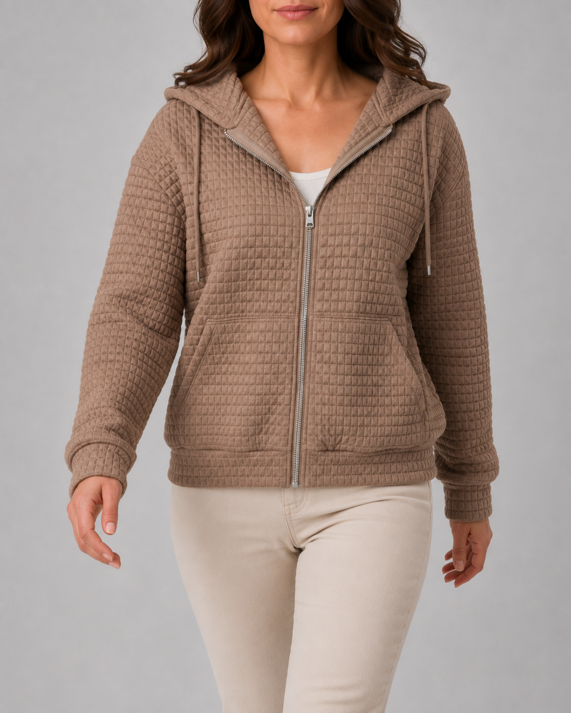 Women's Waffle Knit Zip Up Hoodie with Pockets