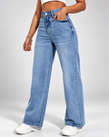 Women's wide leg jeans with high rise in mid blue stretch denim