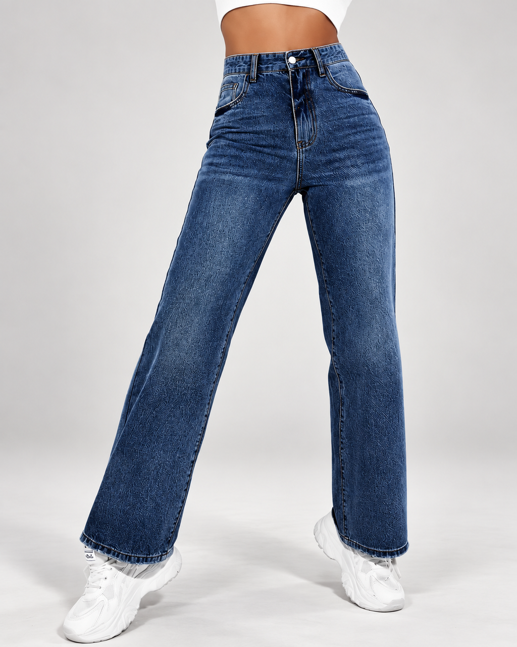 Women's wide leg jeans studio front view