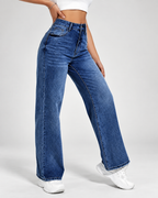 Women's wide leg jeans studio side view