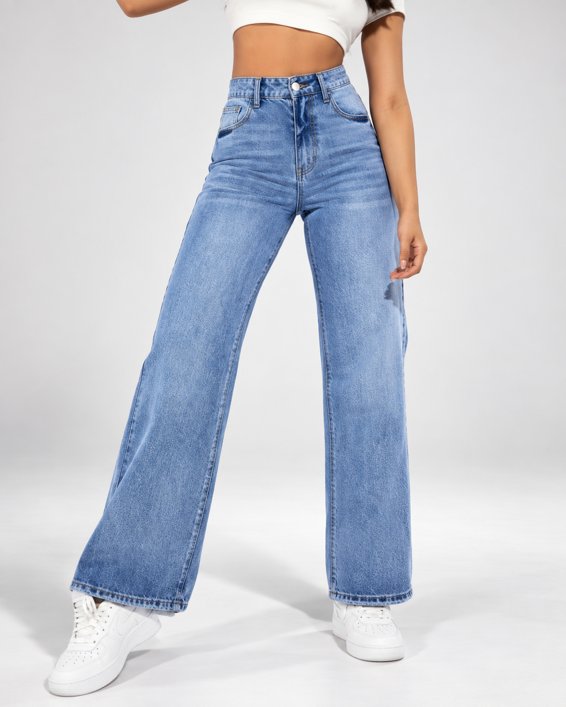 Wide leg stretch denim jeans studio view