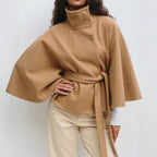Women's Belted Cape Coat with High Neck
