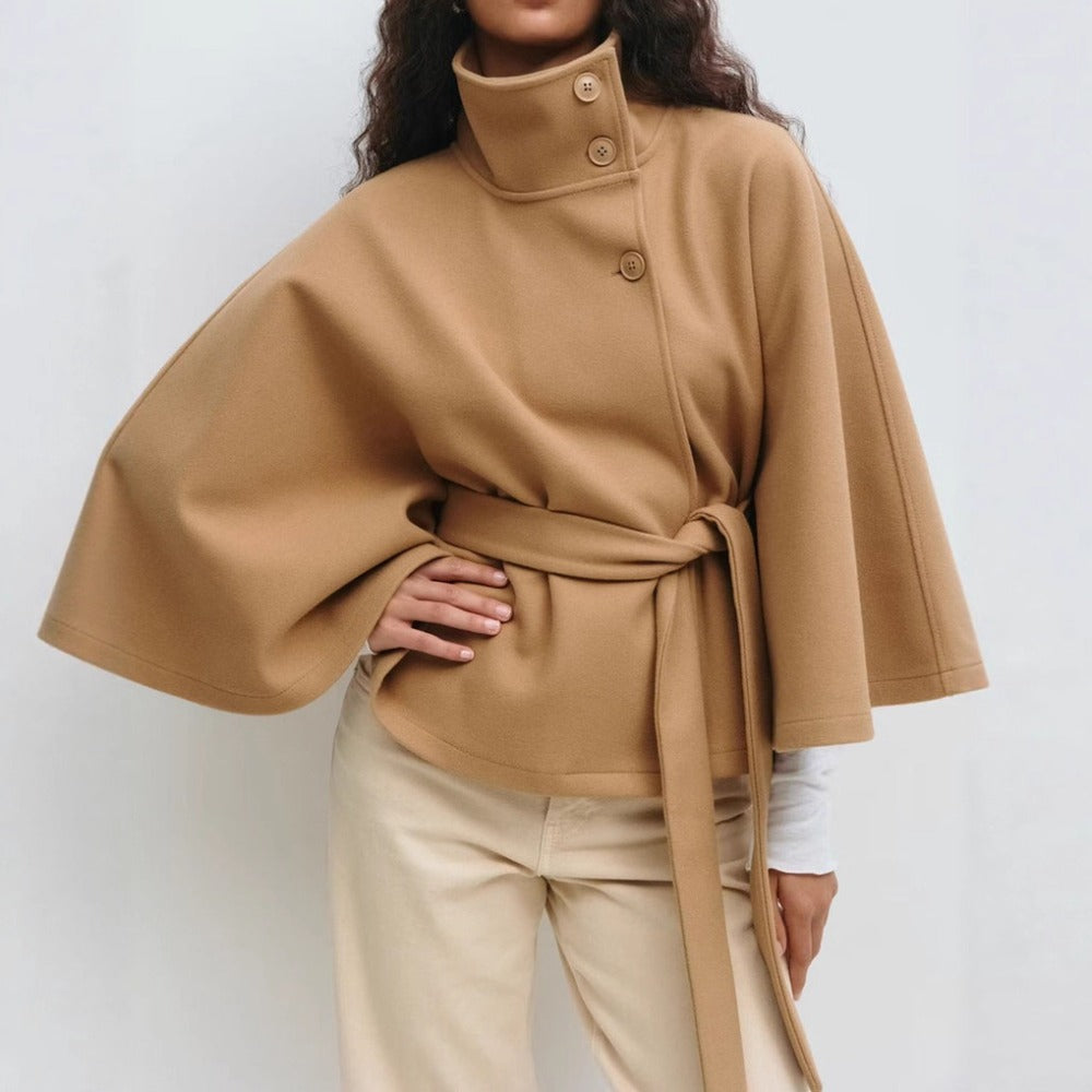Women's Belted Cape Coat with High Neck