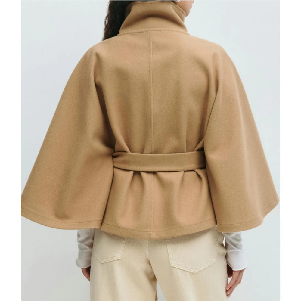 Women's Belted Cape Coat with High Neck