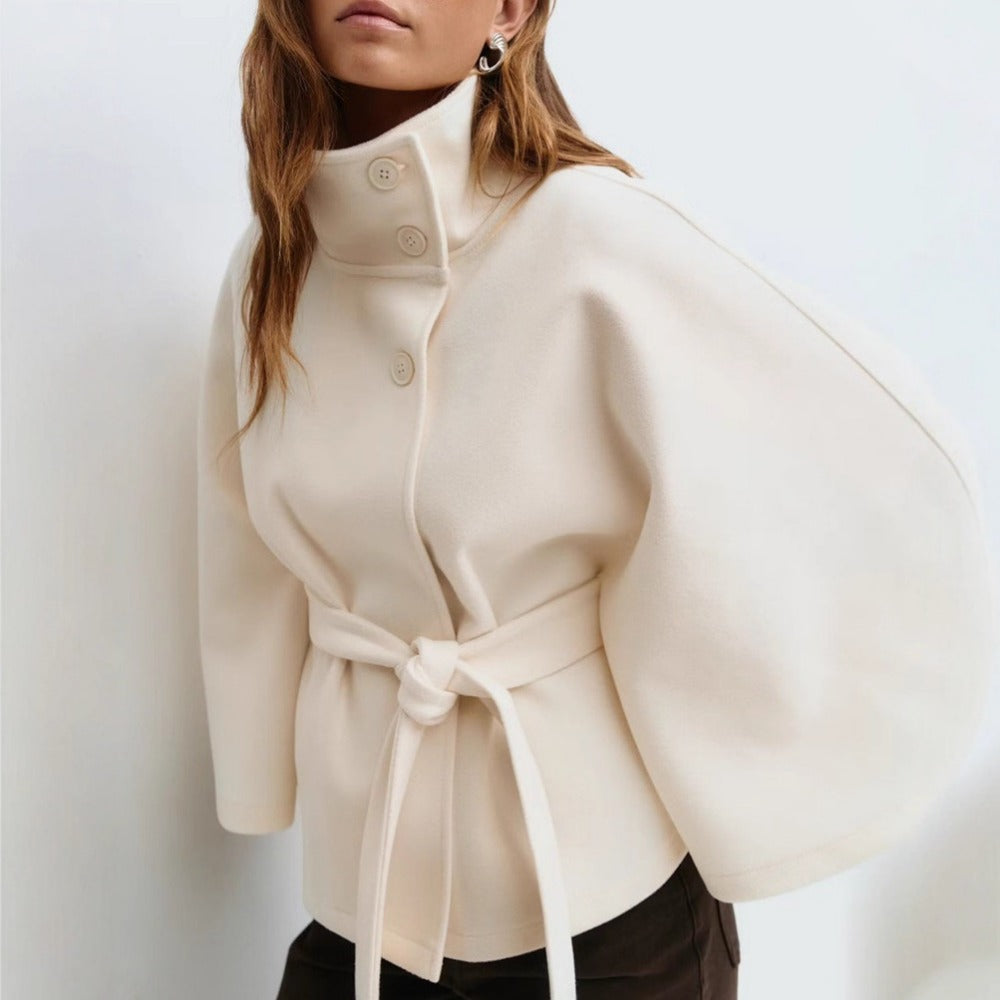 Women's Belted Cape Coat with High Neck