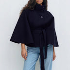 Women's Belted Cape Coat with High Neck