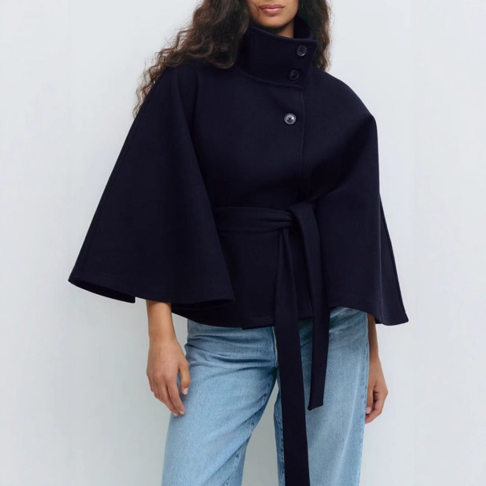Women's Belted Cape Coat with High Neck