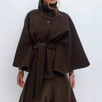 Women's Belted Cape Coat with High Neck