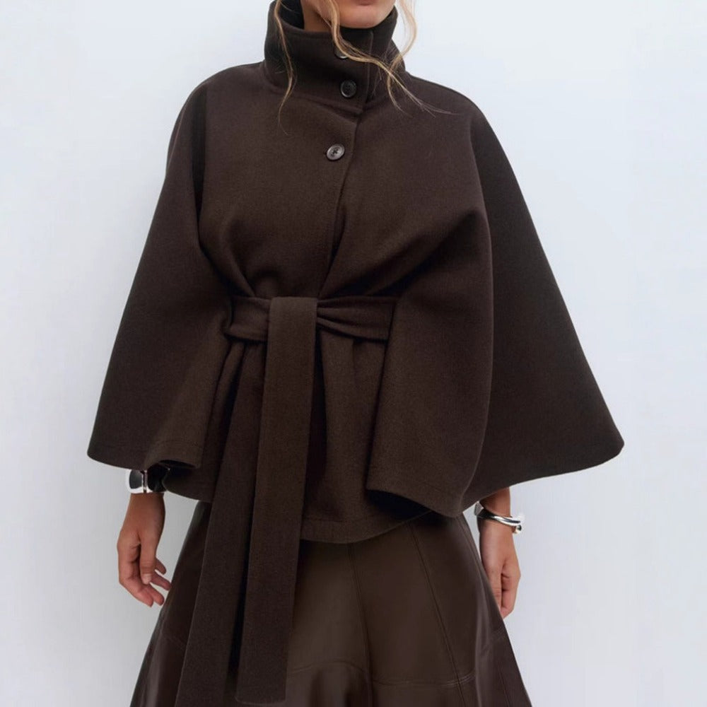 Women's Belted Cape Coat with High Neck