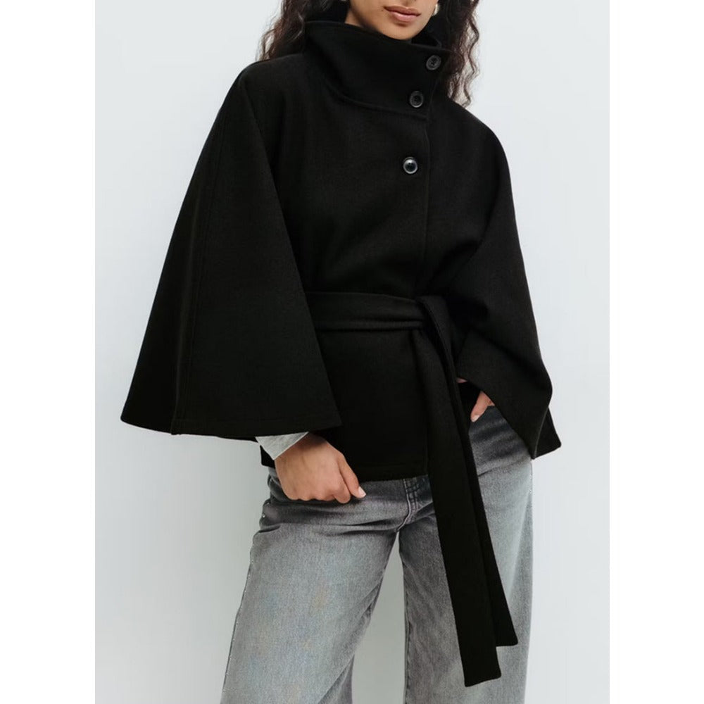 Women's Belted Cape Coat with High Neck