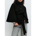 Women's Belted Cape Coat with High Neck