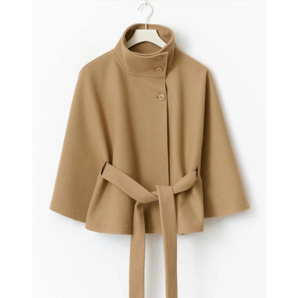 Women's Belted Cape Coat with High Neck