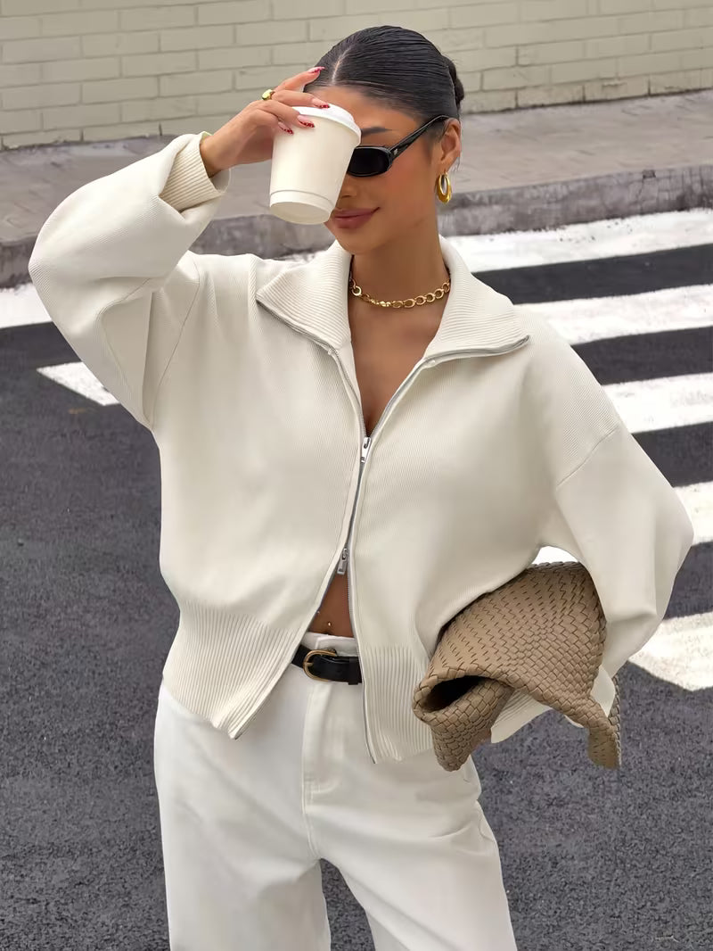 Women's Zip Up Knit Cardigan with Wide Collar and Ribbed Cuffs in Off White – Three-Quarter View