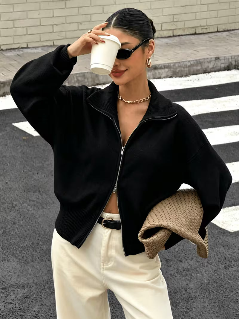 Women's Zip Up Knit Cardigan with Wide Collar and Ribbed Cuffs in Black – Three-Quarter View