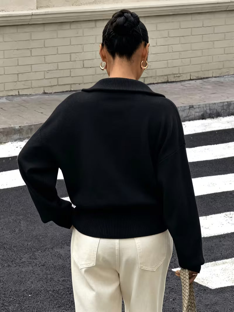 Women's Zip Up Knit Cardigan with Wide Collar and Ribbed Cuffs in Black – Back View