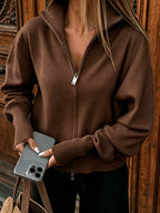 Women's Zip Up Knit Cardigan with Wide Collar and Ribbed Cuffs in Brown – Front View