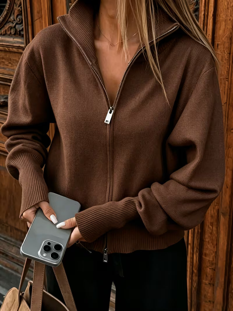 Women's Zip Up Knit Cardigan with Wide Collar and Ribbed Cuffs in Brown – Front View