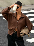 Women's Zip Up Knit Cardigan with Wide Collar and Ribbed Cuffs in Brown – Three-Quarter View