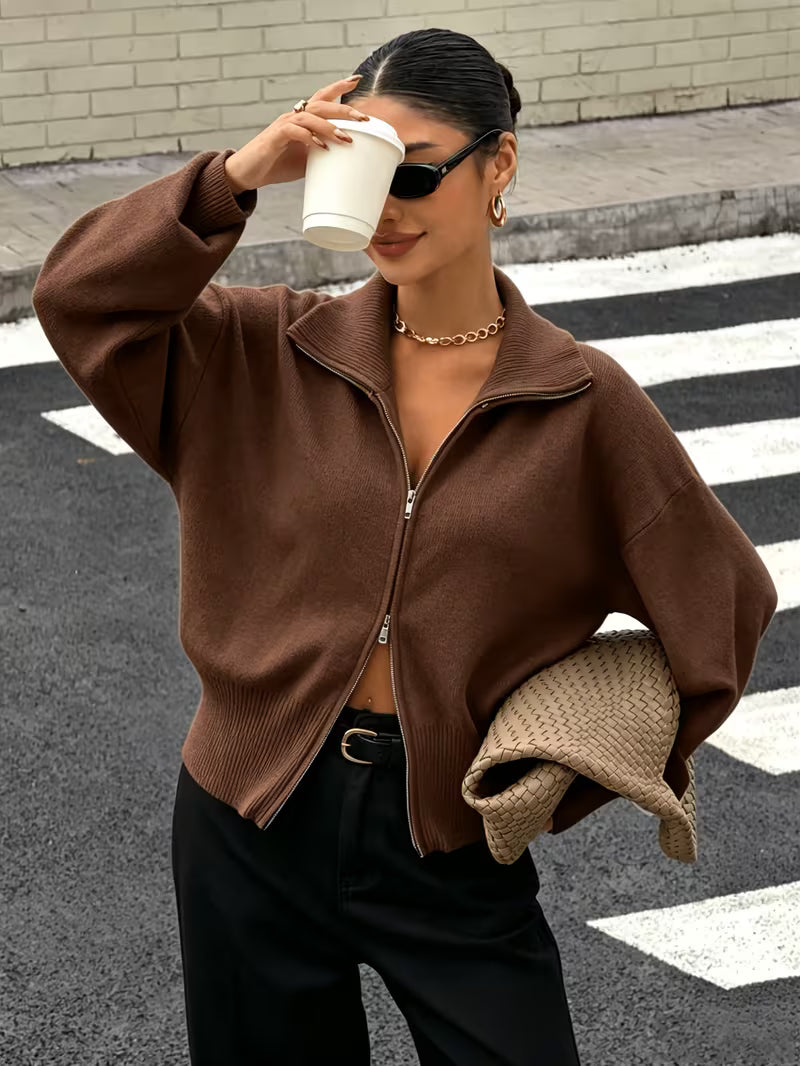 Women's Zip Up Knit Cardigan with Wide Collar and Ribbed Cuffs in Brown – Three-Quarter View